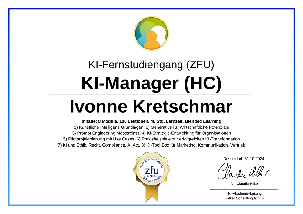 Zertifikat KI-Manager | Ivonne Kretschmar | trafficschmiede Erfurt